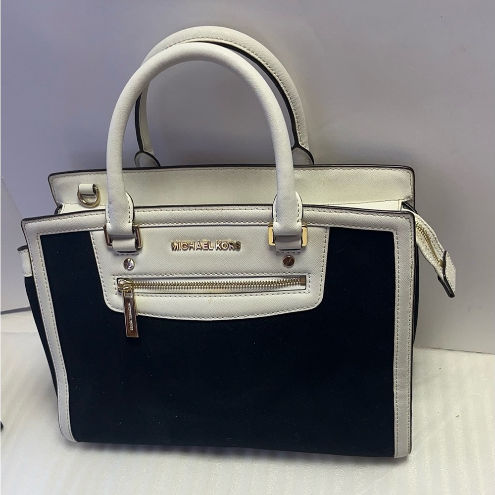 MICHAEL KORS Selma Large Navy Blue & White Canvas Leather Satchel Handbag purse